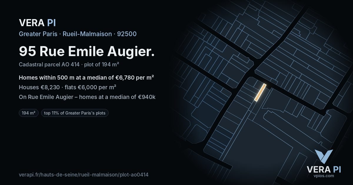 95 Rue Emile Augier, Rueil-Malmaison at night – the plot lit, the parcels around coloured by the prices near them