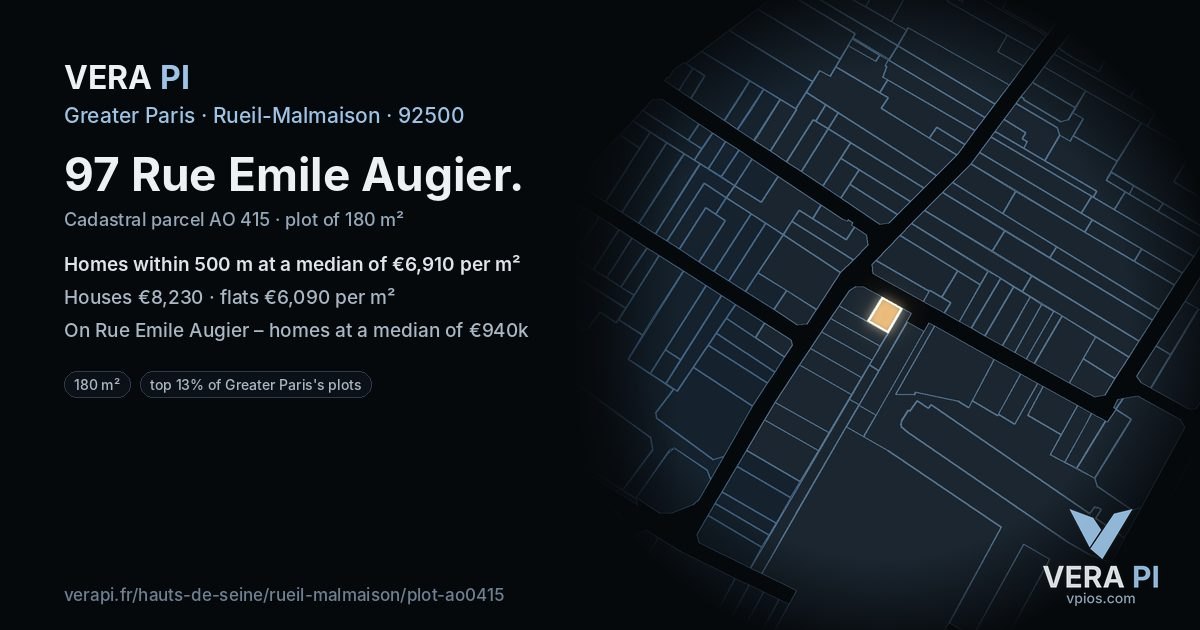 97 Rue Emile Augier, Rueil-Malmaison at night – the plot lit, the parcels around coloured by the prices near them