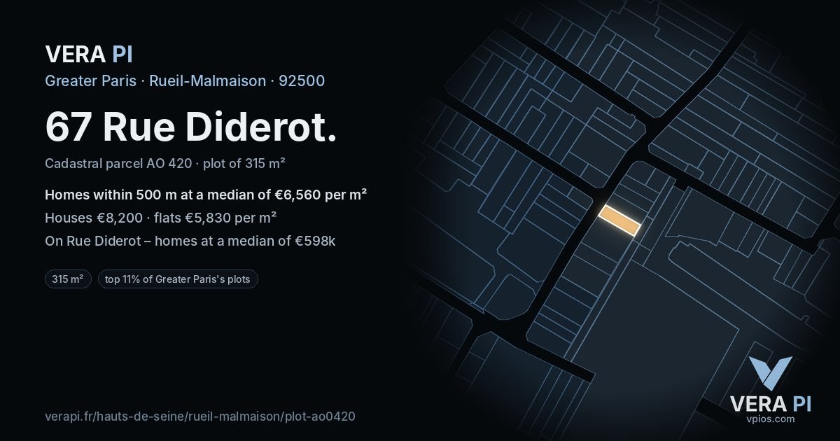 67 Rue Diderot, Rueil-Malmaison at night – the plot lit, the parcels around coloured by the prices near them