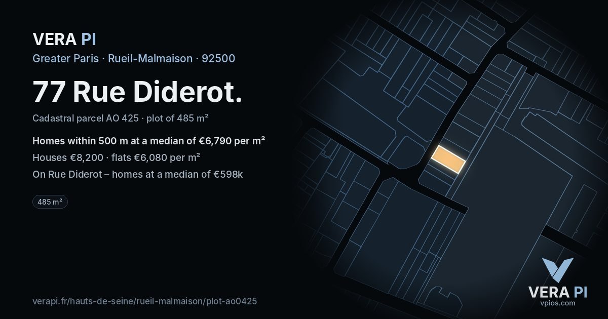 77 Rue Diderot, Rueil-Malmaison at night – the plot lit, the parcels around coloured by the prices near them