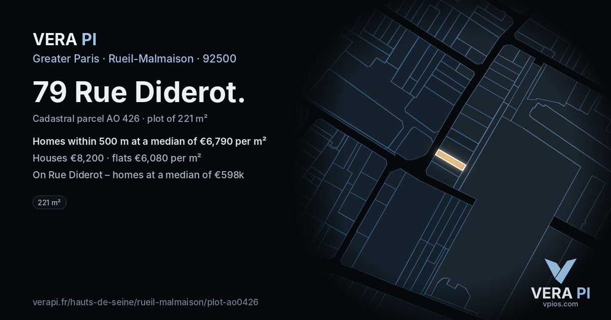 79 Rue Diderot, Rueil-Malmaison at night – the plot lit, the parcels around coloured by the prices near them
