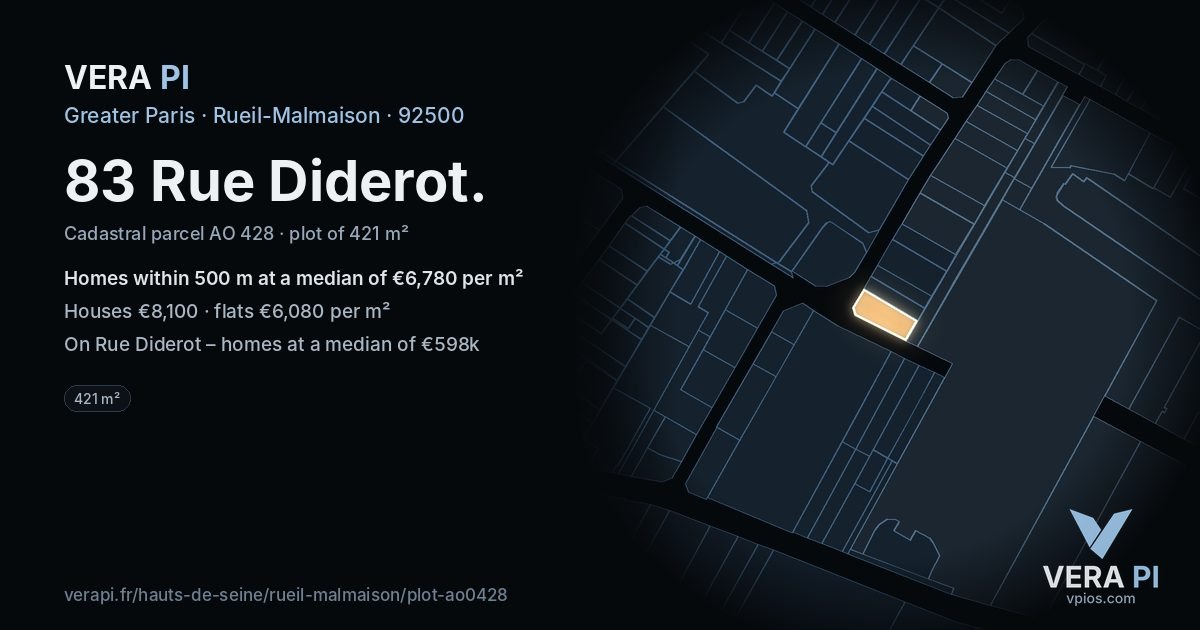 83 Rue Diderot, Rueil-Malmaison at night – the plot lit, the parcels around coloured by the prices near them