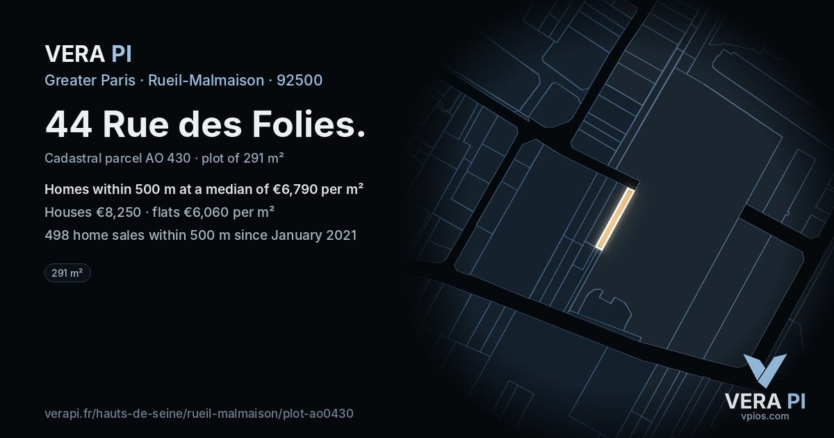 44 Rue des Folies, Rueil-Malmaison at night – the plot lit, the parcels around coloured by the prices near them