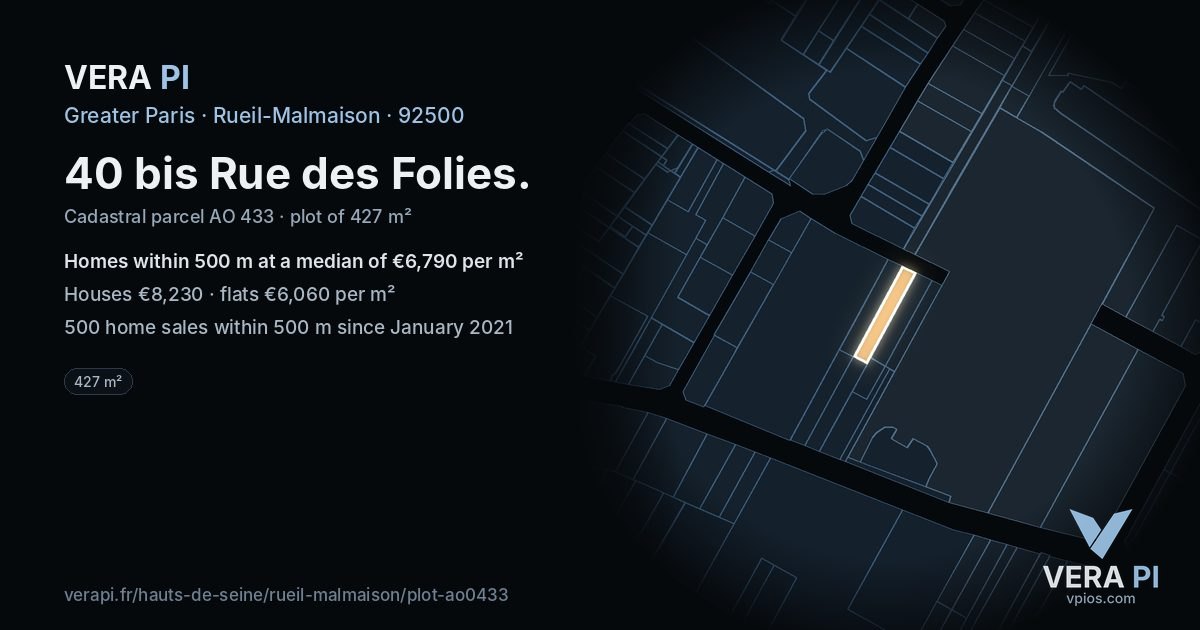 40 bis Rue des Folies, Rueil-Malmaison at night – the plot lit, the parcels around coloured by the prices near them