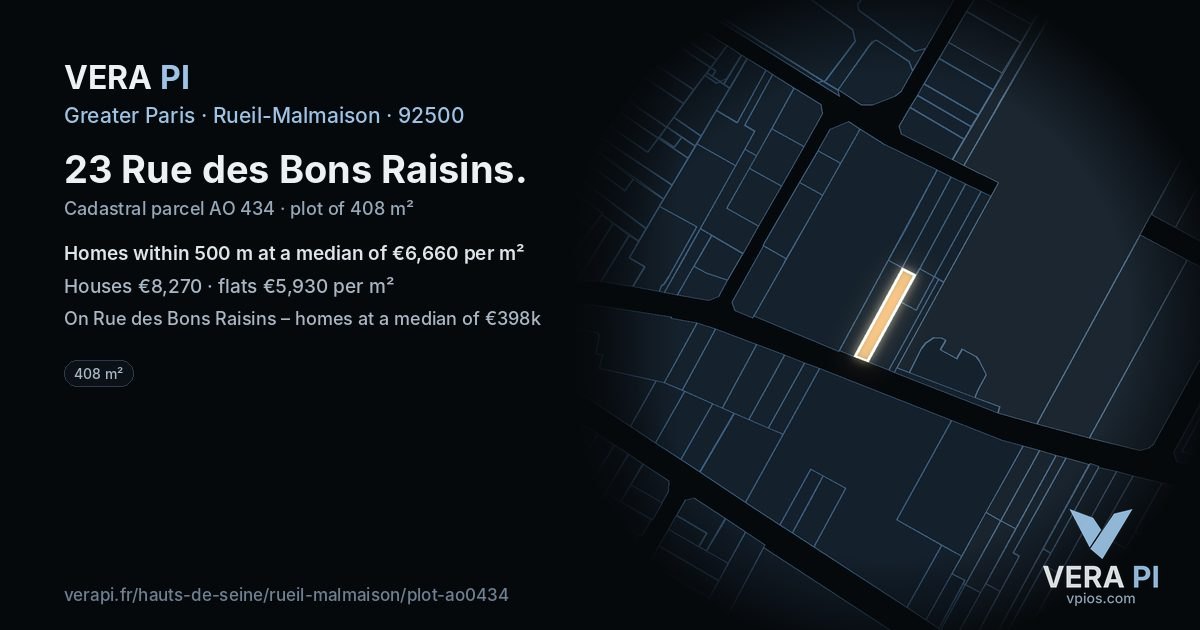 23 Rue des Bons Raisins, Rueil-Malmaison at night – the plot lit, the parcels around coloured by the prices near them