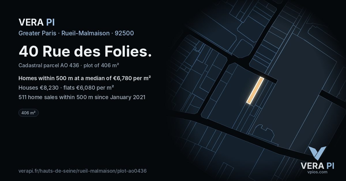 40 Rue des Folies, Rueil-Malmaison at night – the plot lit, the parcels around coloured by the prices near them