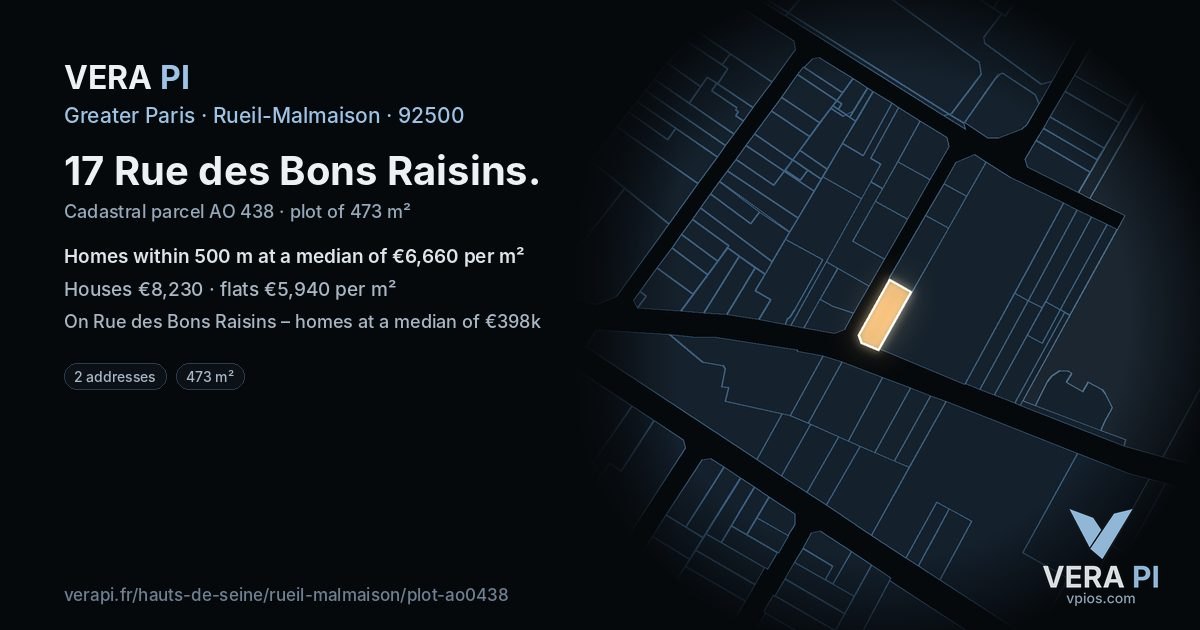 17 Rue des Bons Raisins, Rueil-Malmaison at night – the plot lit, the parcels around coloured by the prices near them