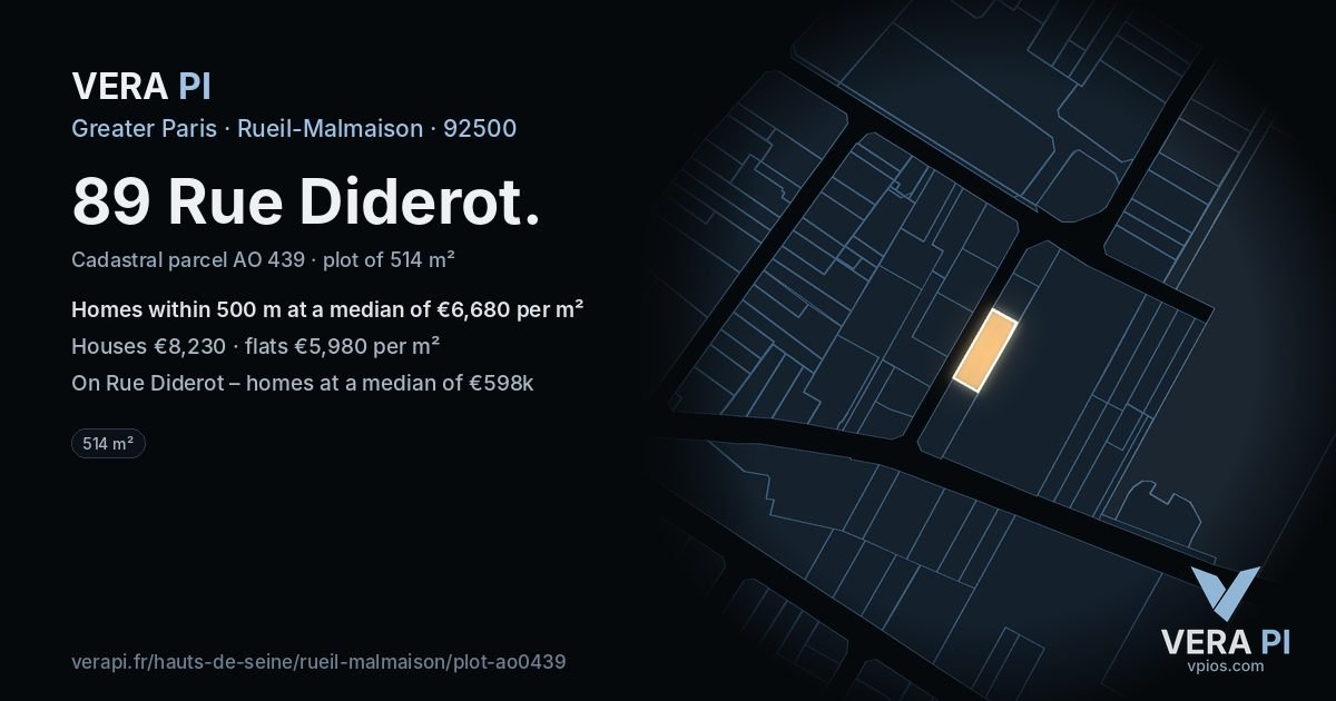 89 Rue Diderot, Rueil-Malmaison at night – the plot lit, the parcels around coloured by the prices near them