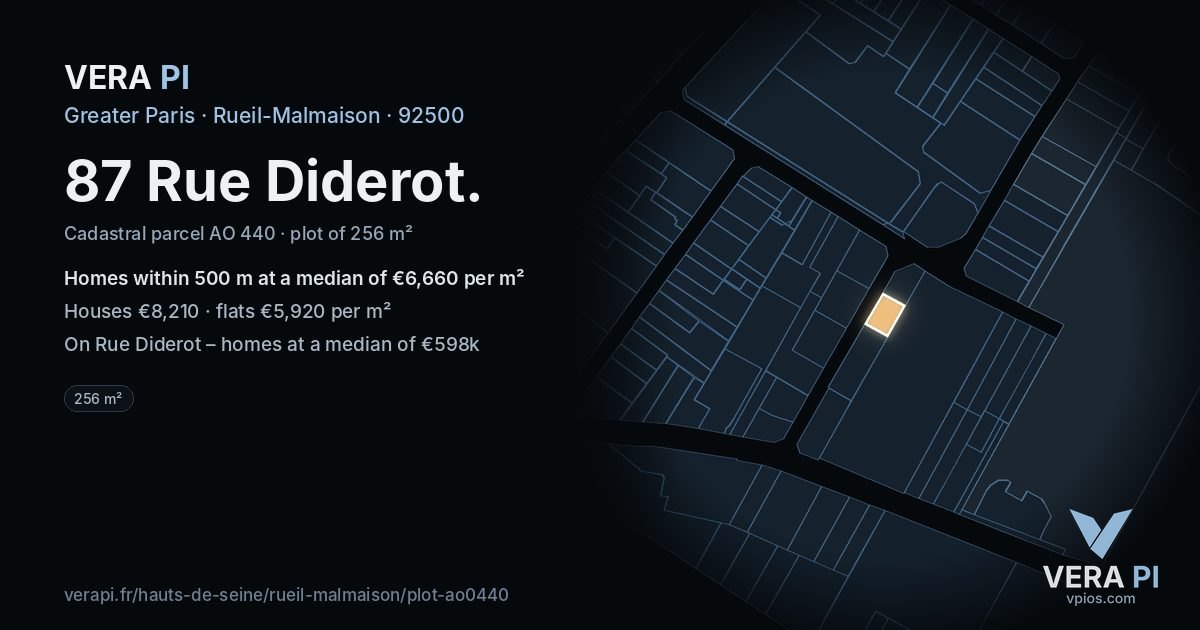 87 Rue Diderot, Rueil-Malmaison at night – the plot lit, the parcels around coloured by the prices near them