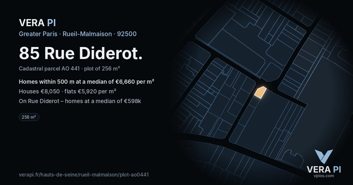 85 Rue Diderot, Rueil-Malmaison at night – the plot lit, the parcels around coloured by the prices near them