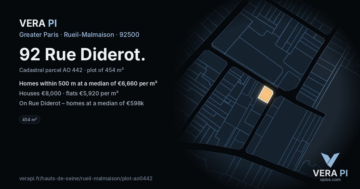 92 Rue Diderot, Rueil-Malmaison at night – the plot lit, the parcels around coloured by the prices near them