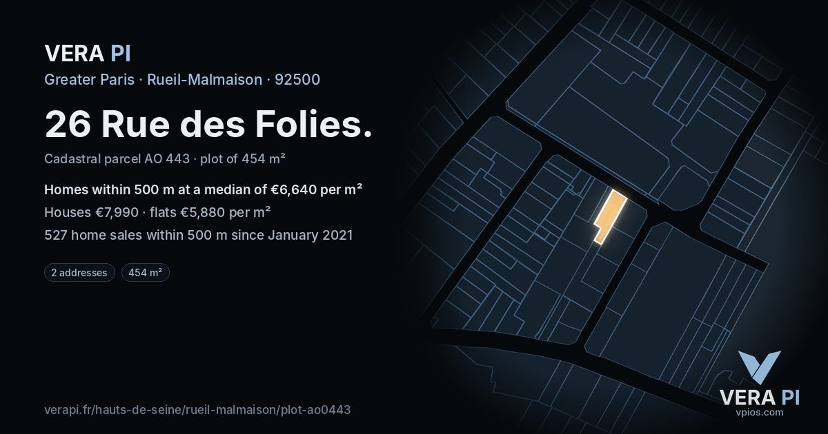 26 Rue des Folies, Rueil-Malmaison at night – the plot lit, the parcels around coloured by the prices near them
