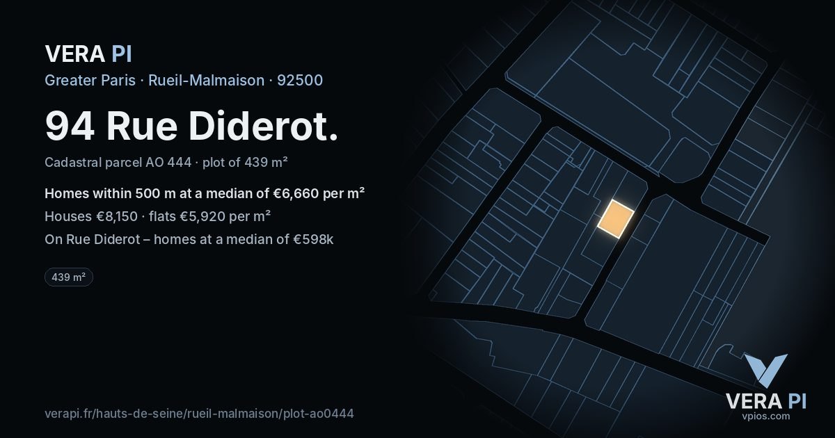 94 Rue Diderot, Rueil-Malmaison at night – the plot lit, the parcels around coloured by the prices near them