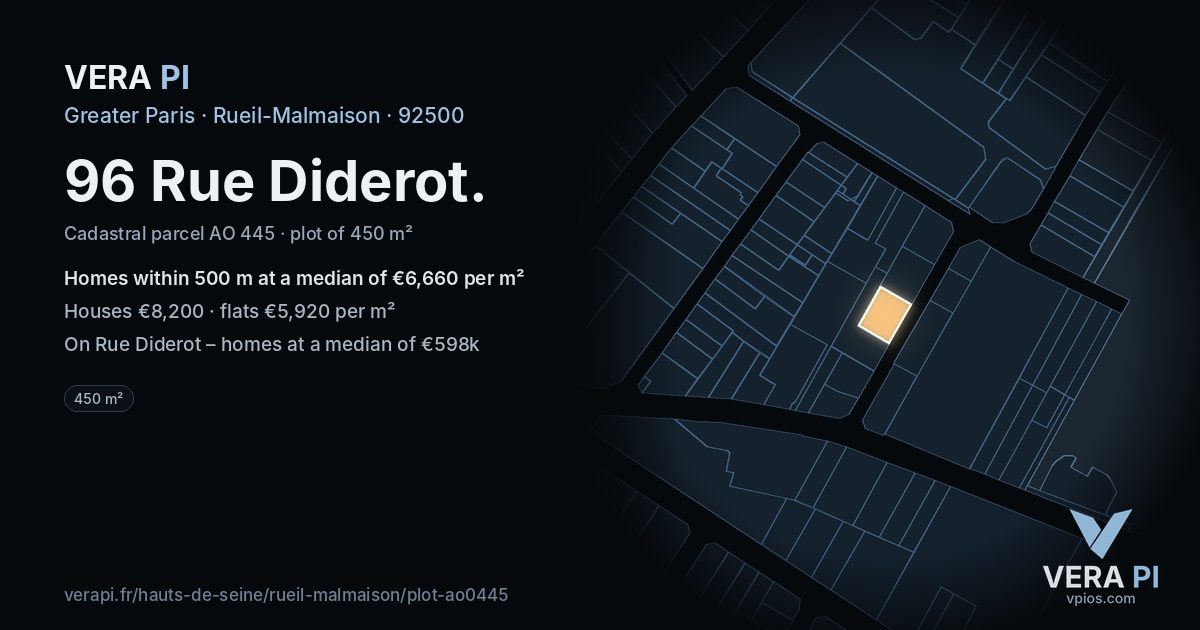 96 Rue Diderot, Rueil-Malmaison at night – the plot lit, the parcels around coloured by the prices near them