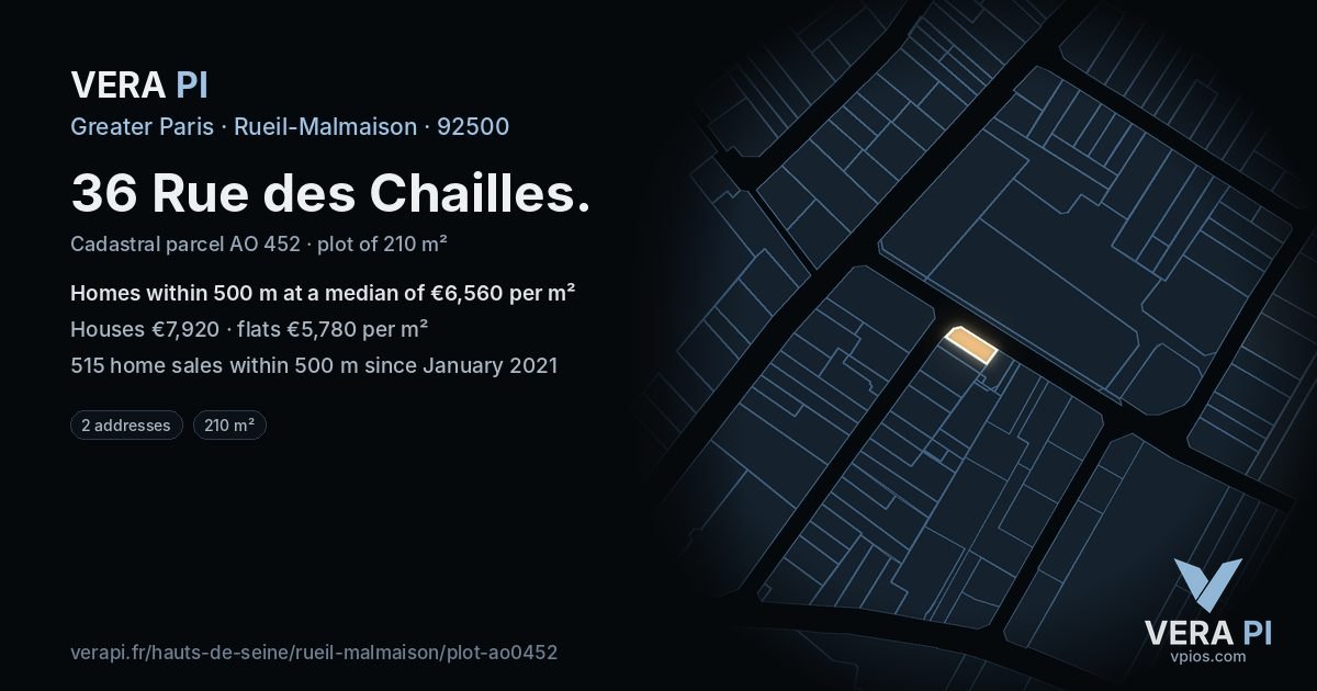 36 Rue des Chailles, Rueil-Malmaison at night – the plot lit, the parcels around coloured by the prices near them