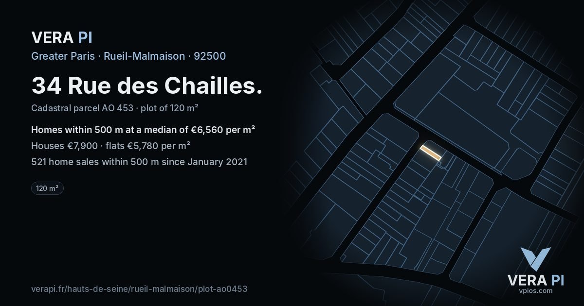 34 Rue des Chailles, Rueil-Malmaison at night – the plot lit, the parcels around coloured by the prices near them