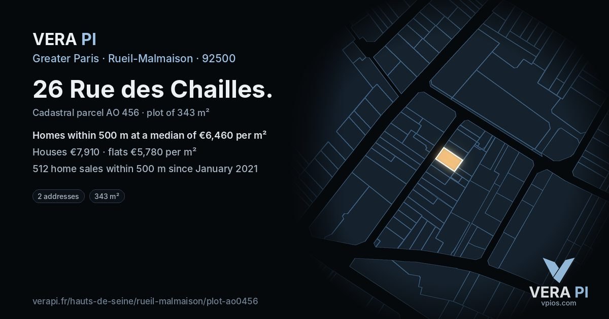 26 Rue des Chailles, Rueil-Malmaison at night – the plot lit, the parcels around coloured by the prices near them