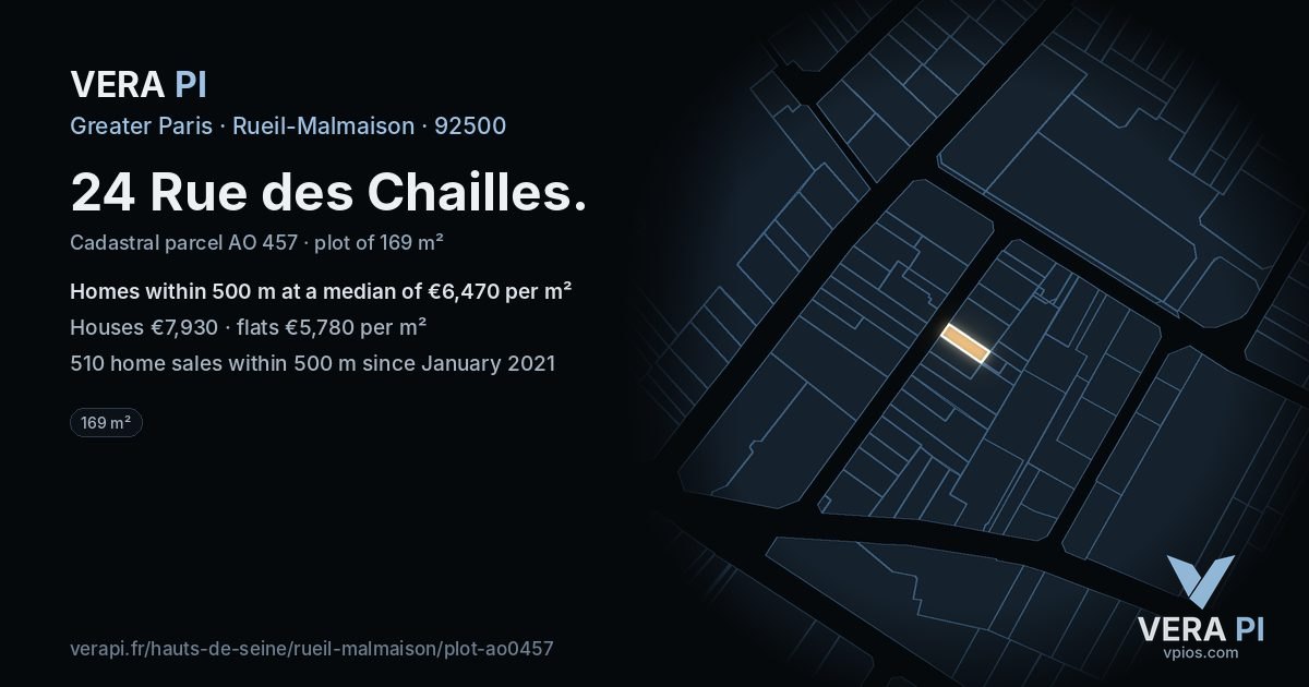 24 Rue des Chailles, Rueil-Malmaison at night – the plot lit, the parcels around coloured by the prices near them