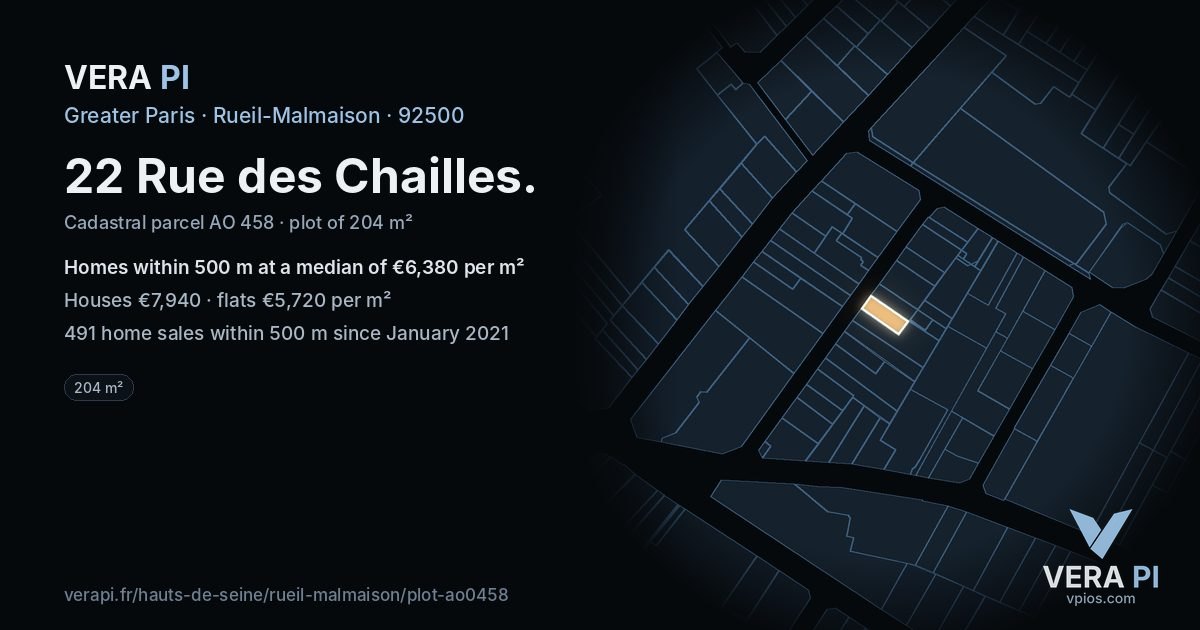 22 Rue des Chailles, Rueil-Malmaison at night – the plot lit, the parcels around coloured by the prices near them