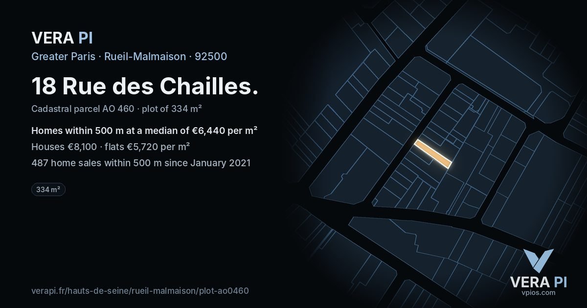 18 Rue des Chailles, Rueil-Malmaison at night – the plot lit, the parcels around coloured by the prices near them