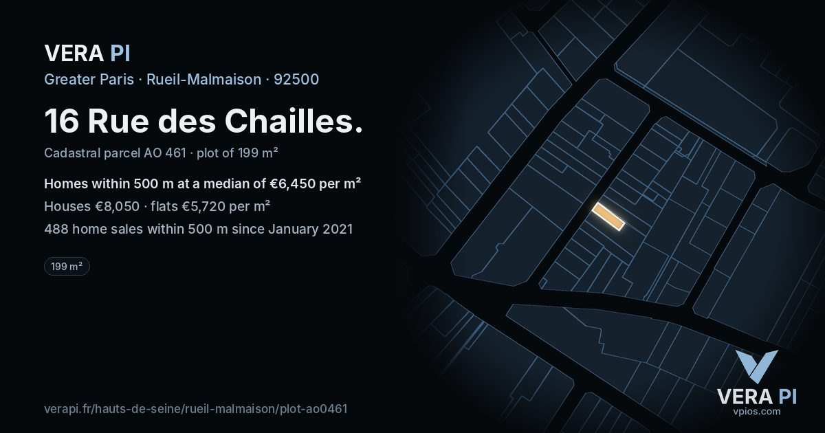 16 Rue des Chailles, Rueil-Malmaison at night – the plot lit, the parcels around coloured by the prices near them
