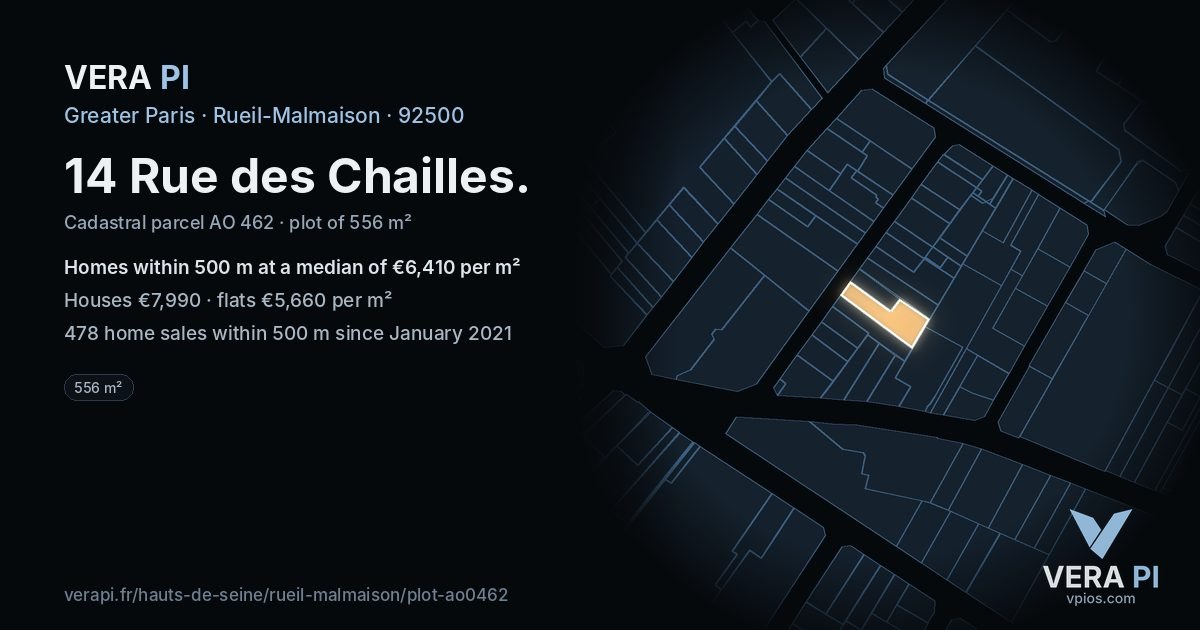 14 Rue des Chailles, Rueil-Malmaison at night – the plot lit, the parcels around coloured by the prices near them
