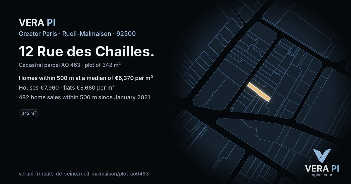 12 Rue des Chailles, Rueil-Malmaison at night – the plot lit, the parcels around coloured by the prices near them