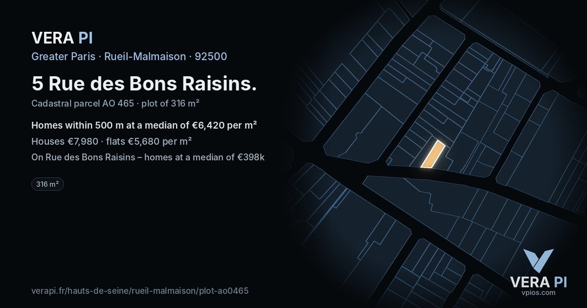 5 Rue des Bons Raisins, Rueil-Malmaison at night – the plot lit, the parcels around coloured by the prices near them
