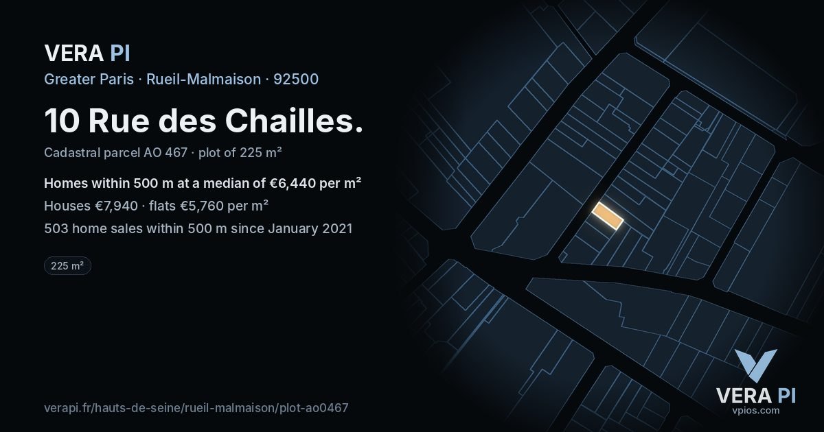 10 Rue des Chailles, Rueil-Malmaison at night – the plot lit, the parcels around coloured by the prices near them