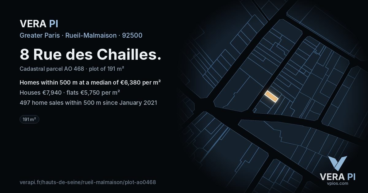 8 Rue des Chailles, Rueil-Malmaison at night – the plot lit, the parcels around coloured by the prices near them