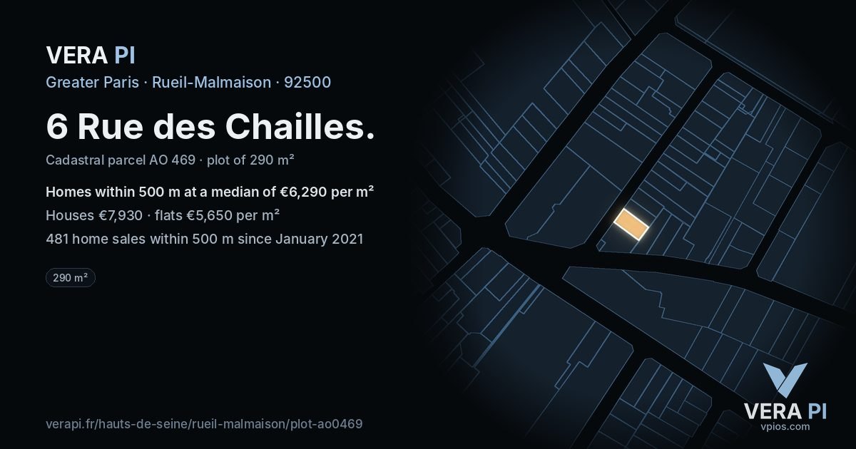 6 Rue des Chailles, Rueil-Malmaison at night – the plot lit, the parcels around coloured by the prices near them