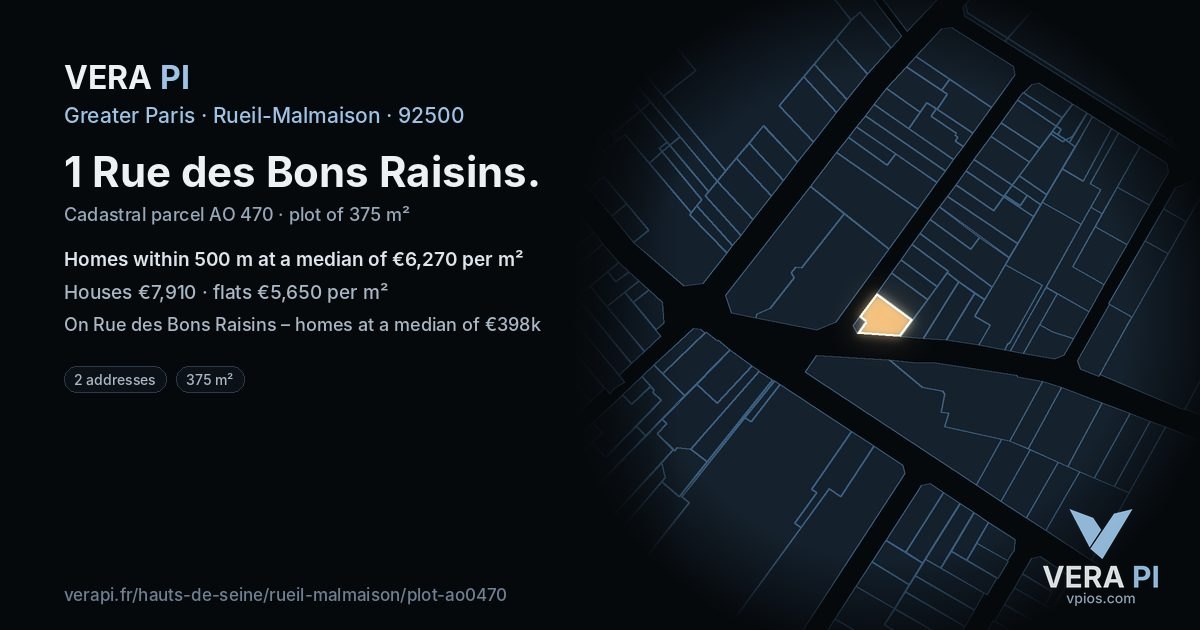 1 Rue des Bons Raisins, Rueil-Malmaison at night – the plot lit, the parcels around coloured by the prices near them