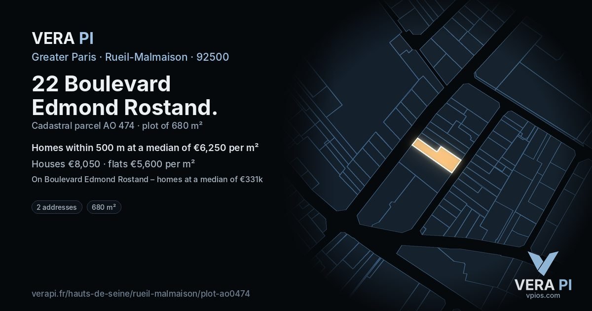 22 Boulevard Edmond Rostand, Rueil-Malmaison at night – the plot lit, the parcels around coloured by the prices near them