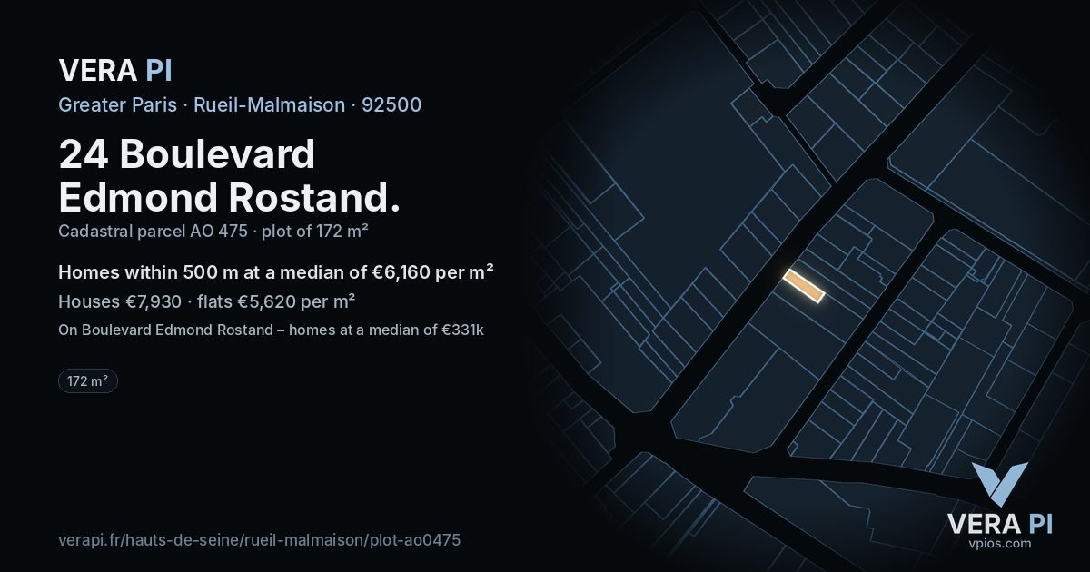 24 Boulevard Edmond Rostand, Rueil-Malmaison at night – the plot lit, the parcels around coloured by the prices near them