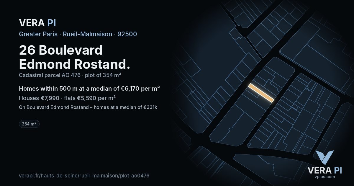 26 Boulevard Edmond Rostand, Rueil-Malmaison at night – the plot lit, the parcels around coloured by the prices near them