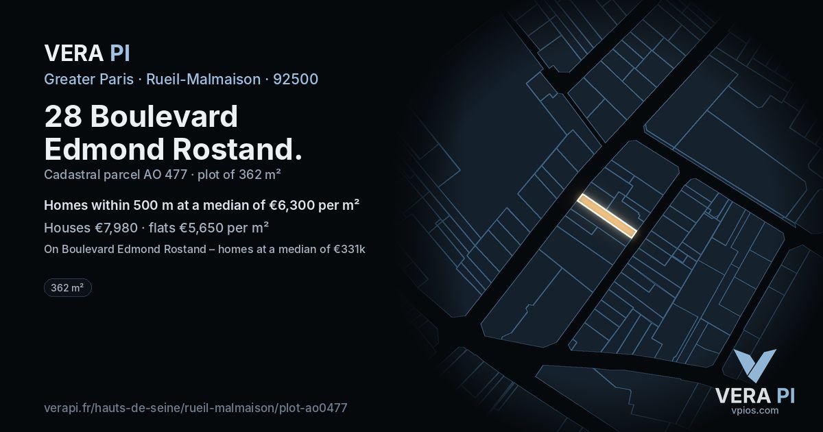 28 Boulevard Edmond Rostand, Rueil-Malmaison at night – the plot lit, the parcels around coloured by the prices near them