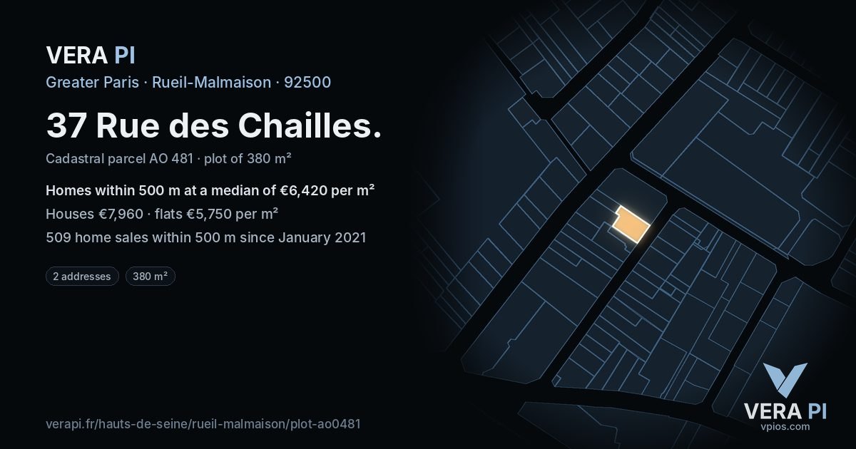 37 Rue des Chailles, Rueil-Malmaison at night – the plot lit, the parcels around coloured by the prices near them