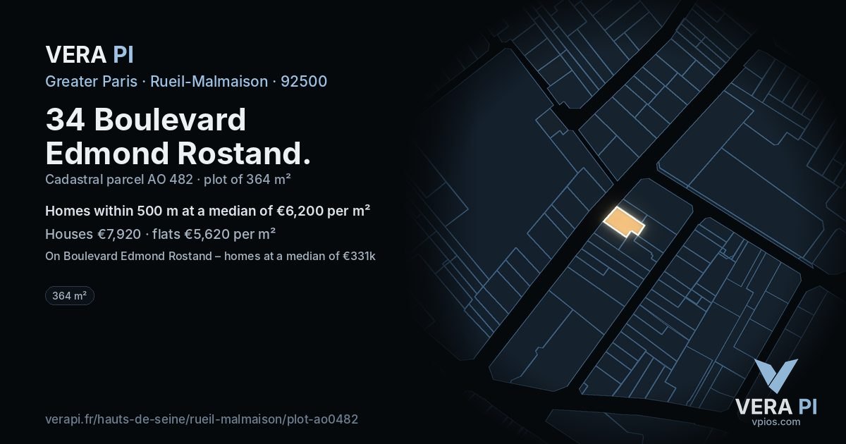 34 Boulevard Edmond Rostand, Rueil-Malmaison at night – the plot lit, the parcels around coloured by the prices near them