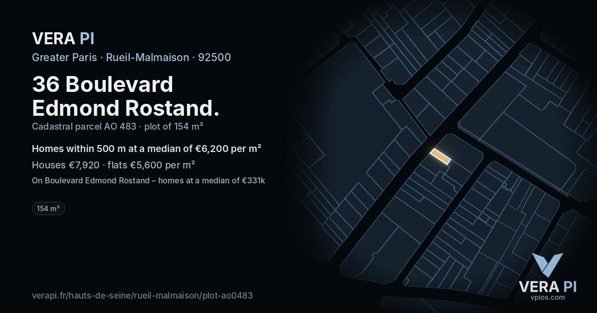 36 Boulevard Edmond Rostand, Rueil-Malmaison at night – the plot lit, the parcels around coloured by the prices near them