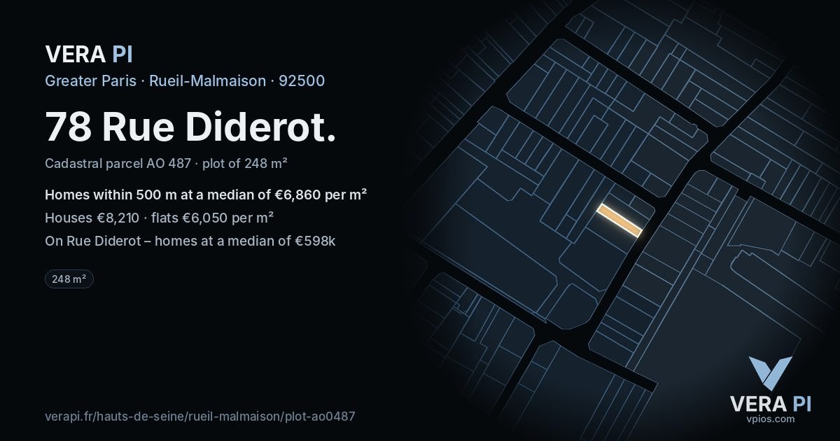 78 Rue Diderot, Rueil-Malmaison at night – the plot lit, the parcels around coloured by the prices near them