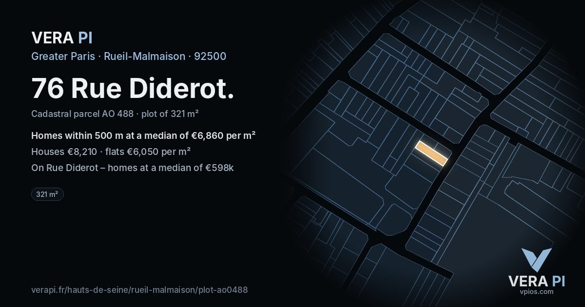 76 Rue Diderot, Rueil-Malmaison at night – the plot lit, the parcels around coloured by the prices near them