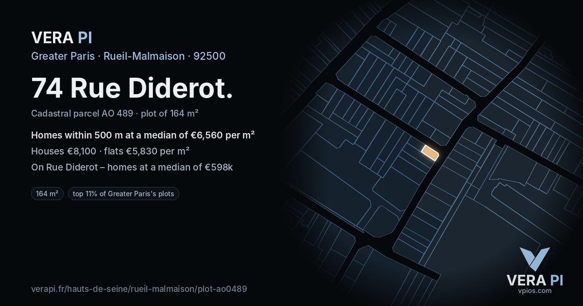 74 Rue Diderot, Rueil-Malmaison at night – the plot lit, the parcels around coloured by the prices near them