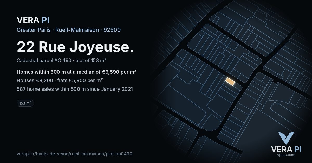 22 Rue Joyeuse, Rueil-Malmaison at night – the plot lit, the parcels around coloured by the prices near them