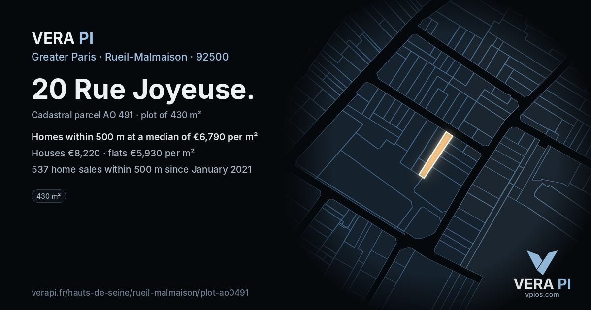 20 Rue Joyeuse, Rueil-Malmaison at night – the plot lit, the parcels around coloured by the prices near them