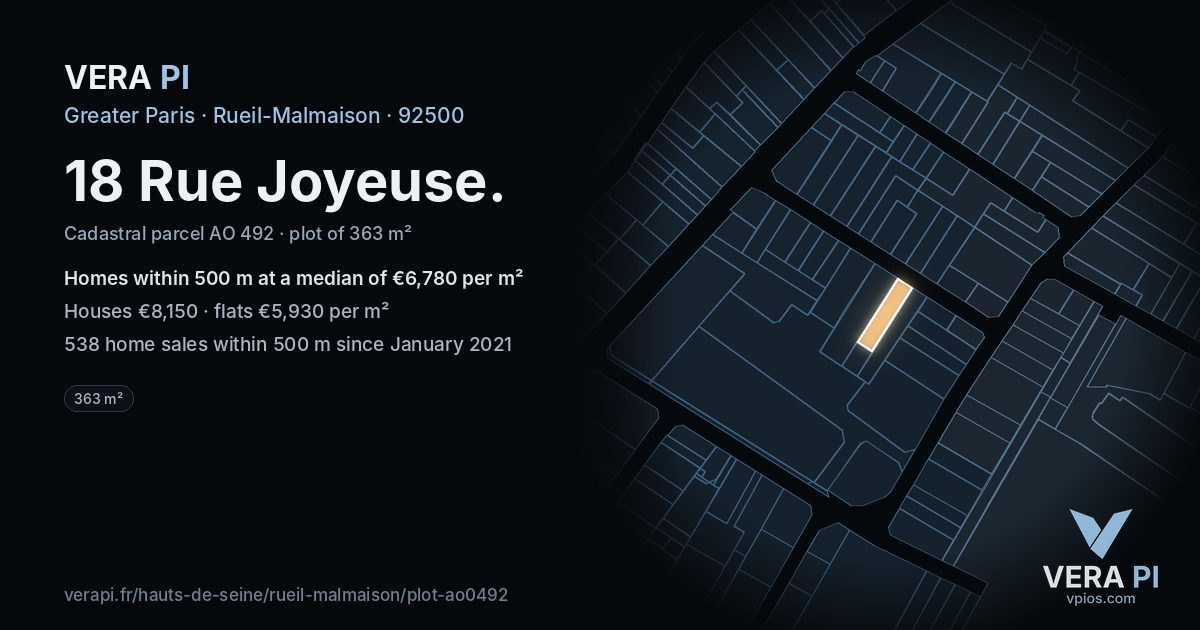 18 Rue Joyeuse, Rueil-Malmaison at night – the plot lit, the parcels around coloured by the prices near them