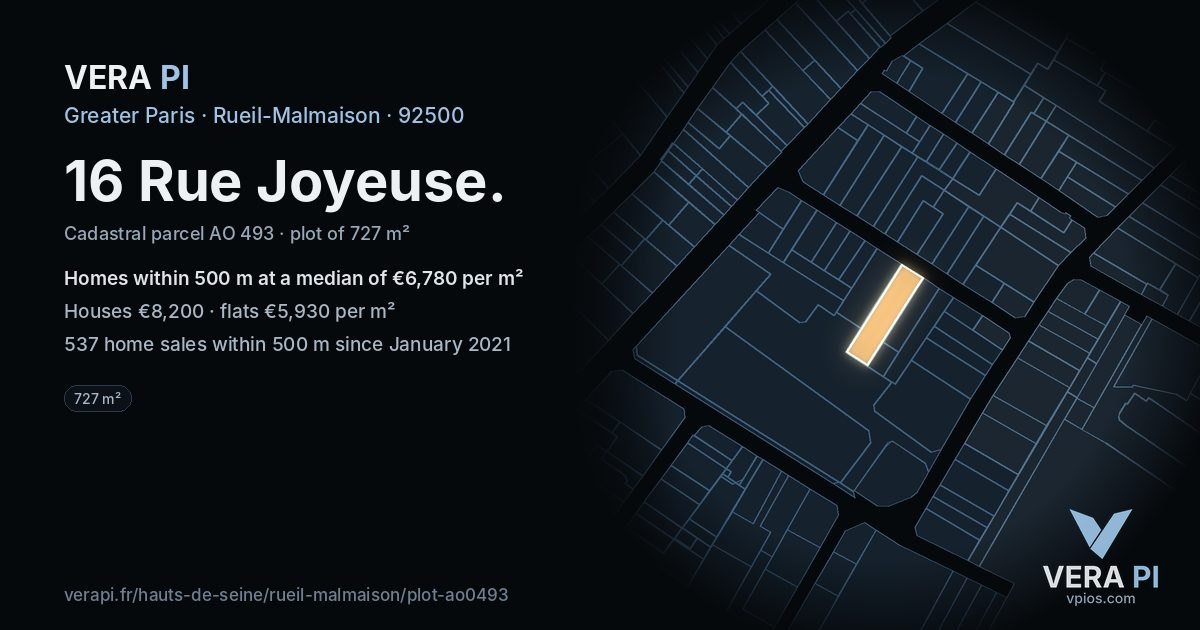 16 Rue Joyeuse, Rueil-Malmaison at night – the plot lit, the parcels around coloured by the prices near them