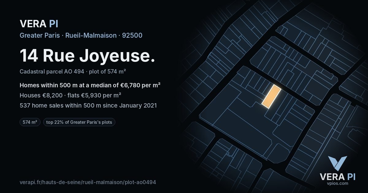 14 Rue Joyeuse, Rueil-Malmaison at night – the plot lit, the parcels around coloured by the prices near them