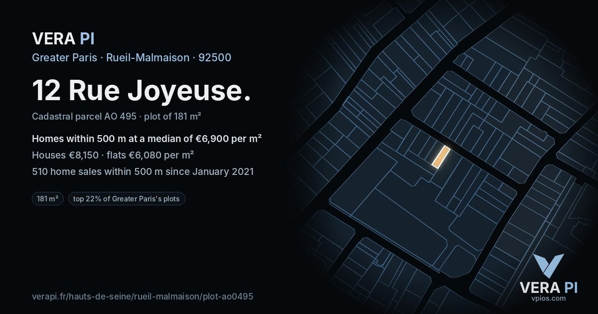 12 Rue Joyeuse, Rueil-Malmaison at night – the plot lit, the parcels around coloured by the prices near them
