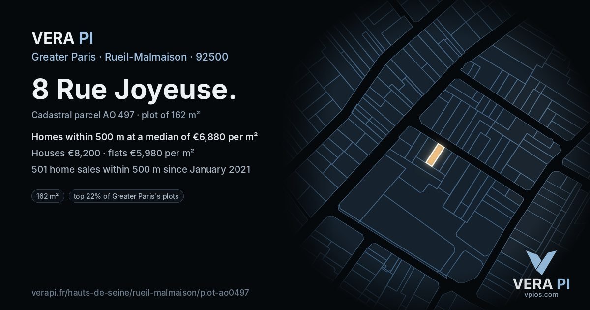 8 Rue Joyeuse, Rueil-Malmaison at night – the plot lit, the parcels around coloured by the prices near them