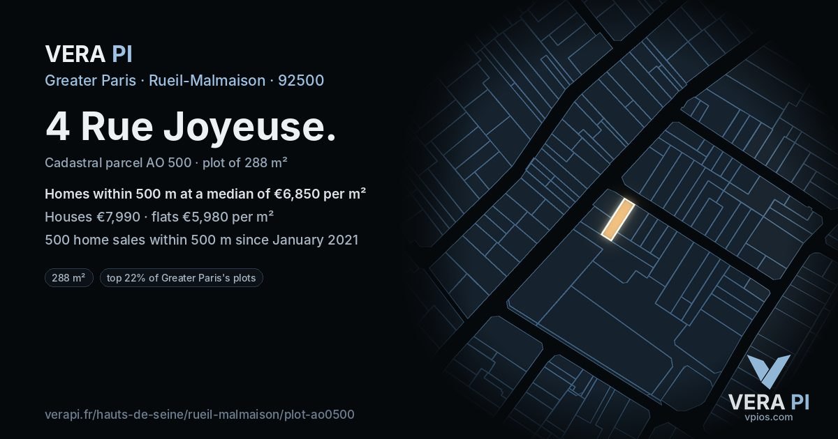 4 Rue Joyeuse, Rueil-Malmaison at night – the plot lit, the parcels around coloured by the prices near them